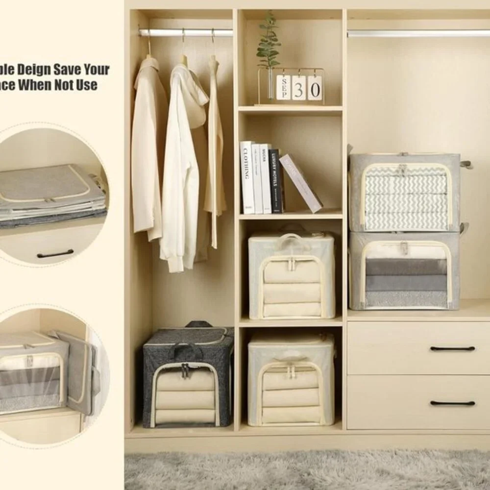 3 Openings Clothes Storage Bins with‎ Metal Frame Foldable Storage Bin